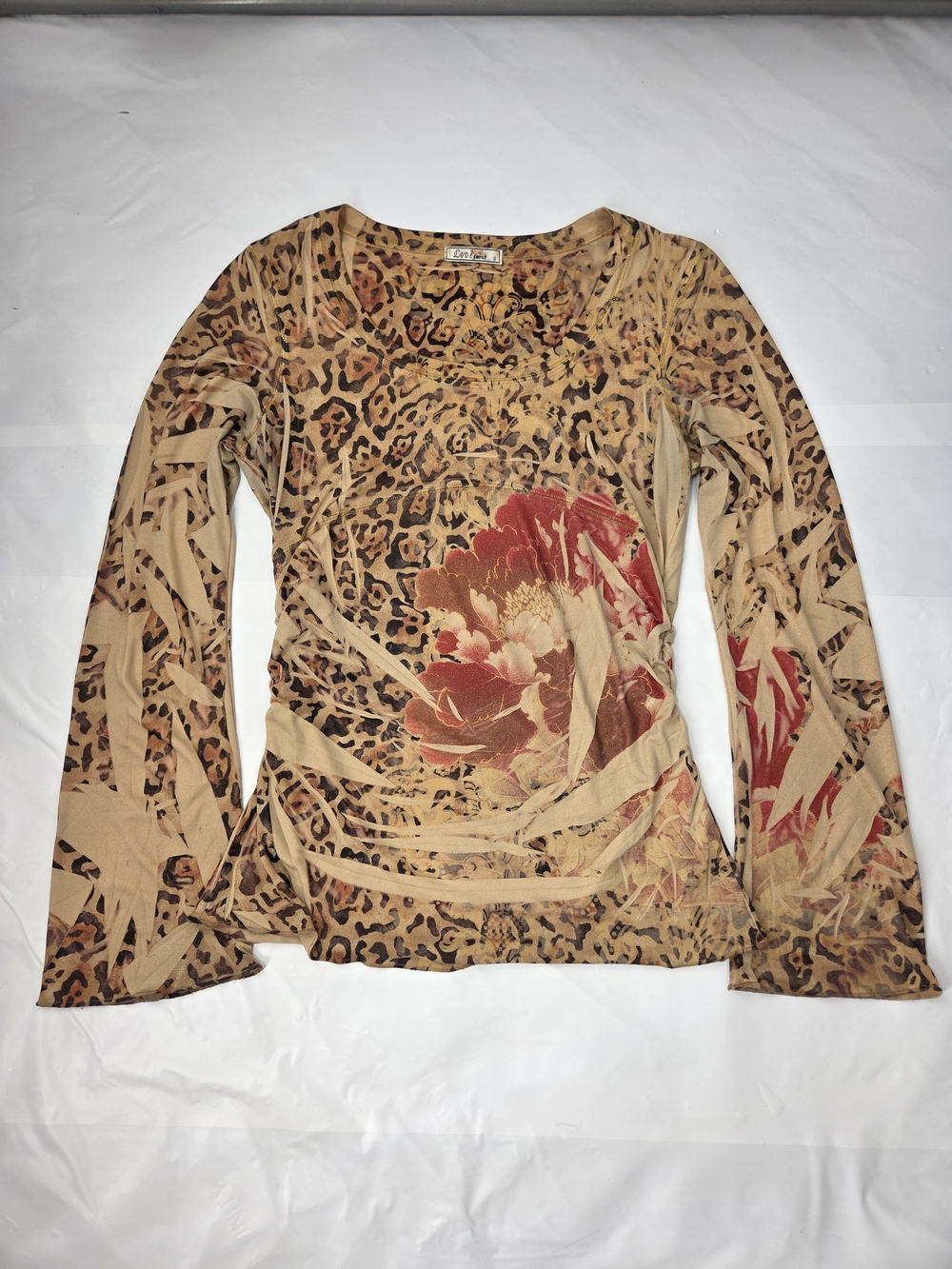 VINTAGE Y2K Love Amour Sheer Mesh Cheetah Floral Tattoo Graphic Top Large L